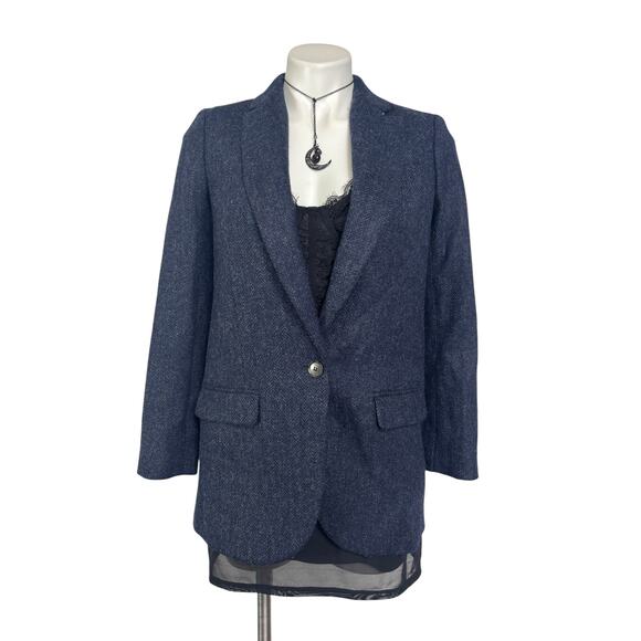 J. Crew Alfie Blazer Navy Blue Moon British Wool Herringbone Size 00 Oversized - Picture 1 of 14